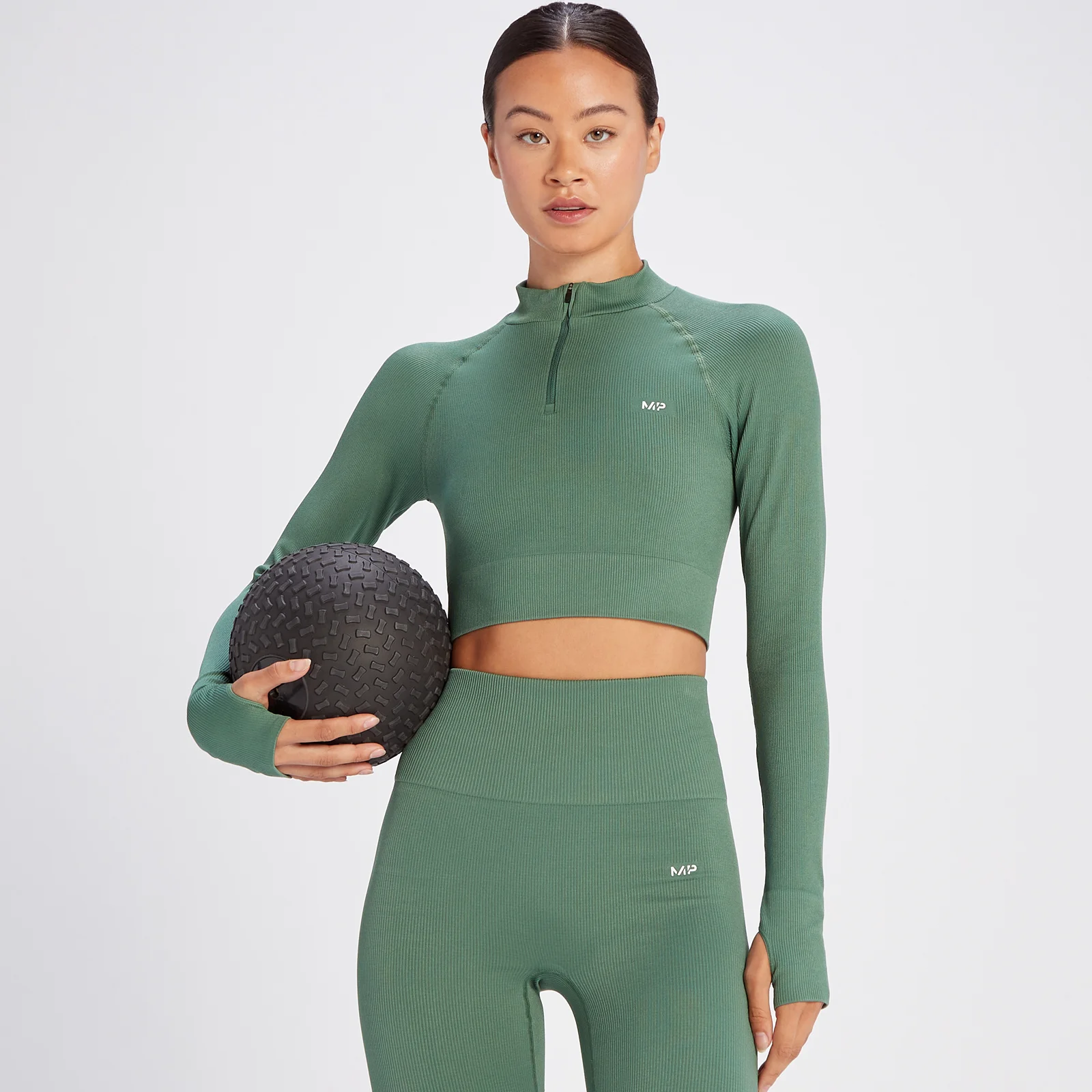 MP Women's Tempo Rib Seamless Crop 1/4 Zip - Soft Pine - XS Image 1