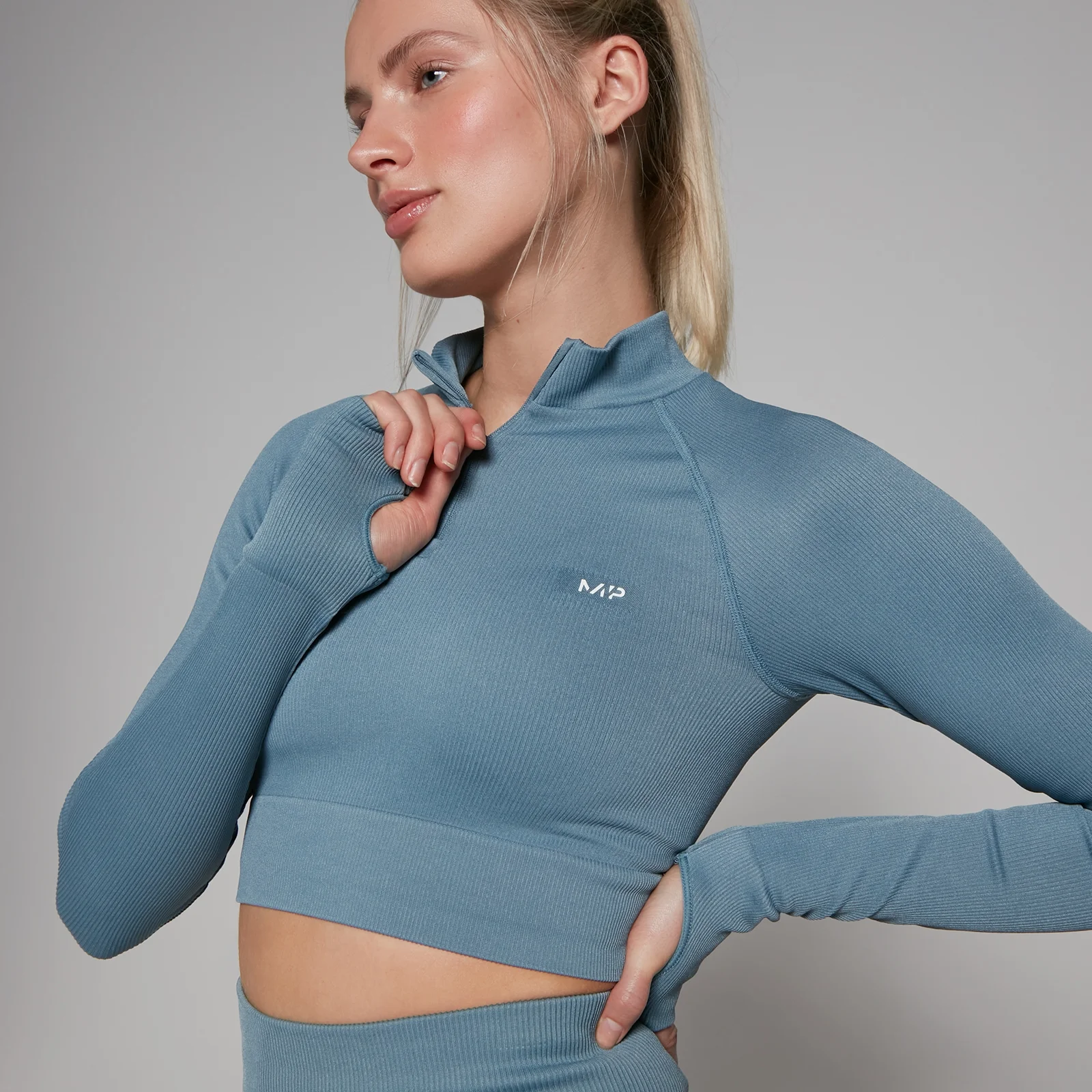 MP Women's Tempo Rib Seamless Crop 1/4 Zip - Graphine Blue - XS Image 4